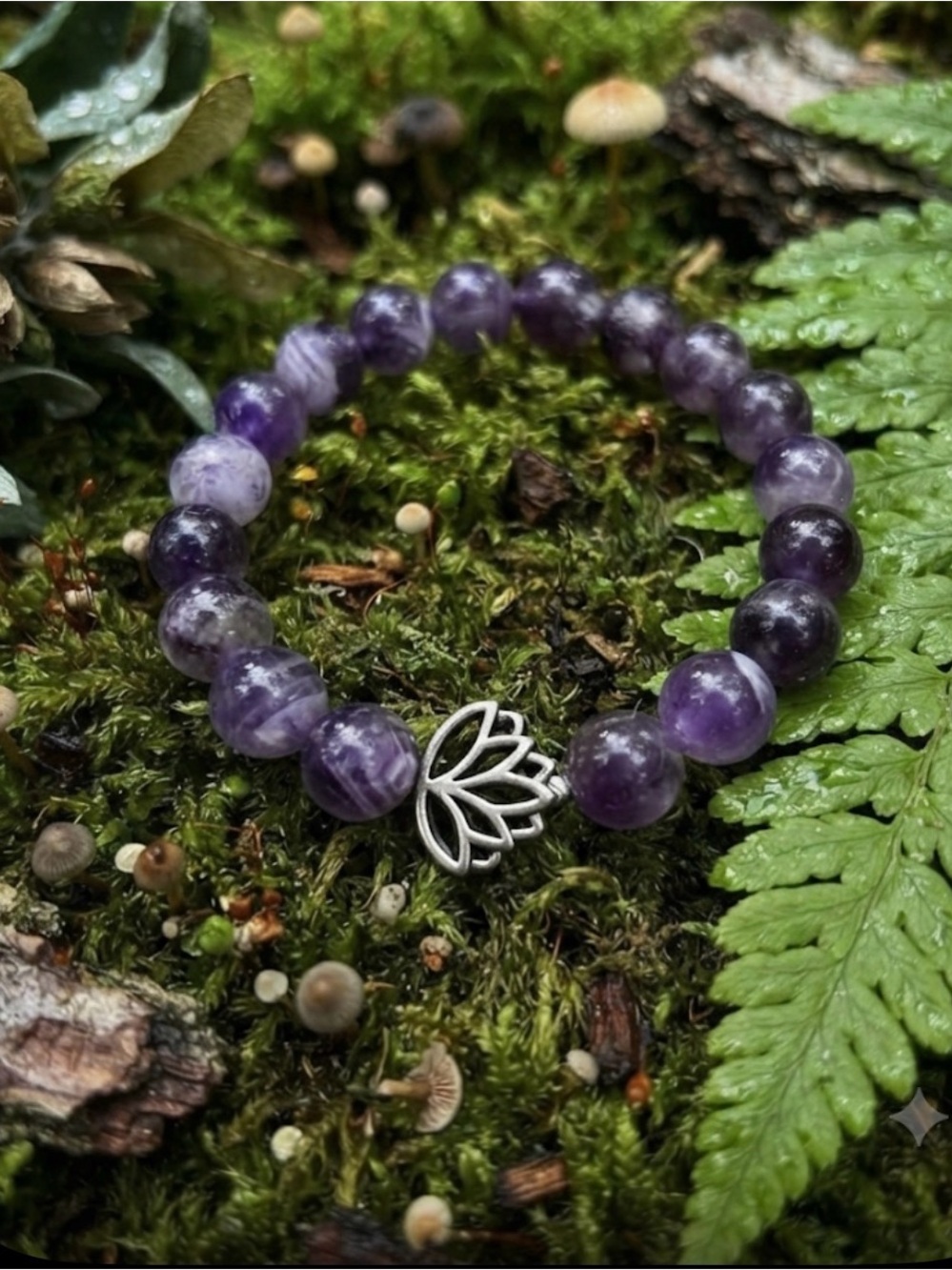 Amethyst Beaded Lotus Charm Bracelet - Purple Crystal Stretch Bracelet